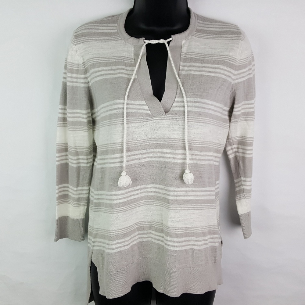 Loft Gray Striped Sweater Tie Neck Small